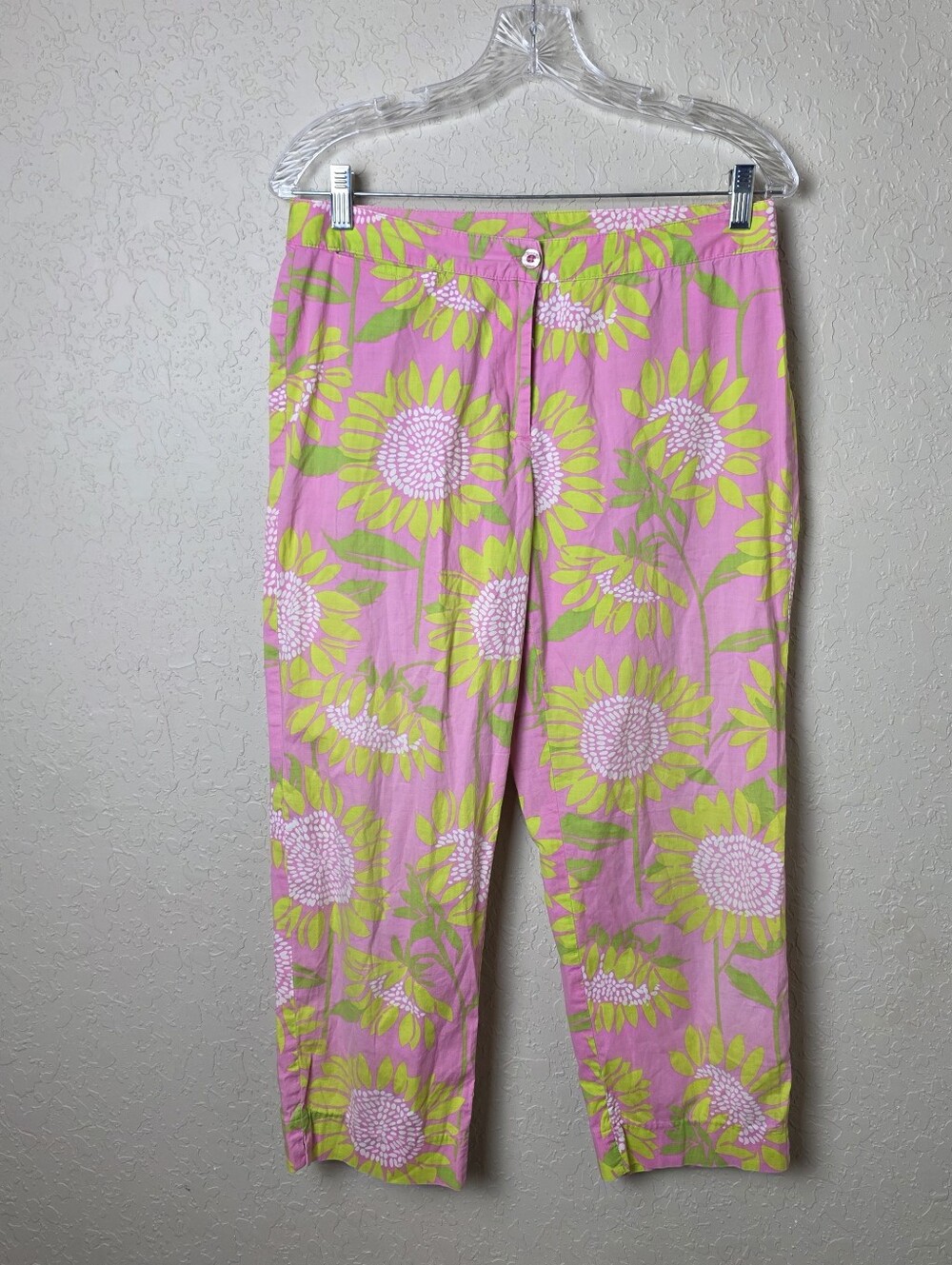Lilly Pulitzer Sunflower Cropped Cotton Pants Pink Yellow Size 8 Vintage
